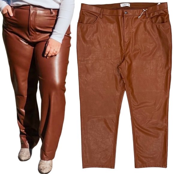 Abercrombie & Fitch The ‘90s Straight Ultra High Rise Faux Leather Pants Brown - Picture 1 of 16